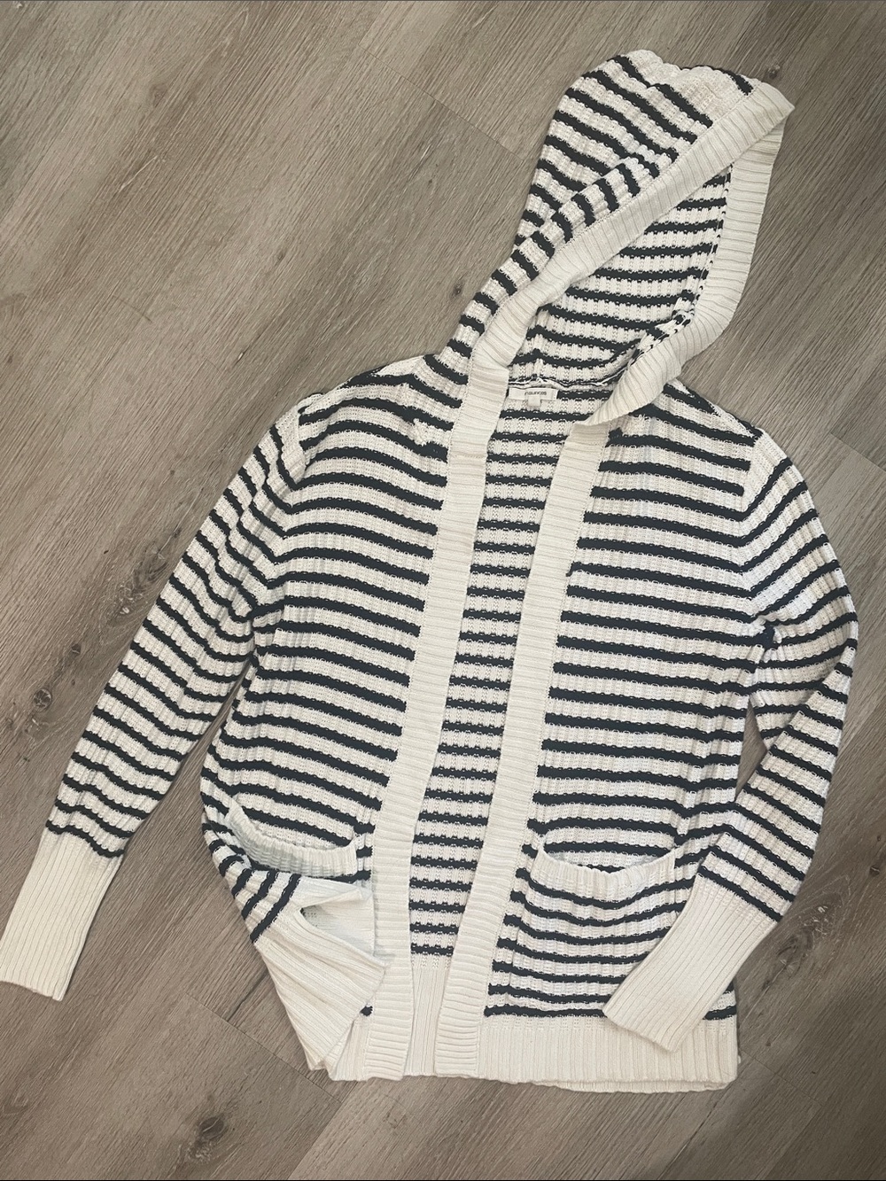 Striped Hooded Knit 100% Cotton Cardigan Sweater | White & Black | Women’s Small